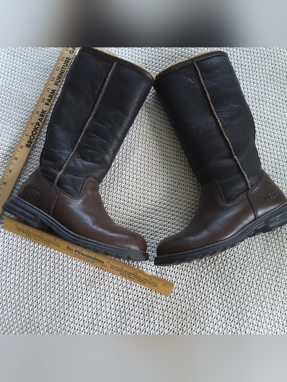 UGG Brooks Tall Two-Tone Brown & Black Leather Boots Shearling Line,not wool mix